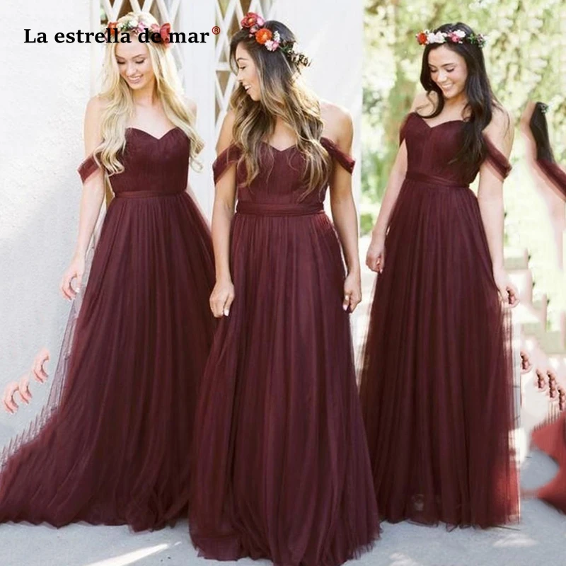 

Robe demoiselle d'honneur pour femme new tulle sexy sweetheart short sleeve A Line burgundy bridesmaid dresses long abito damige