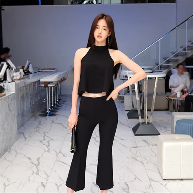 Простой Круглый вырез укороченный топ и расклешенные брюки набор 2018 женский