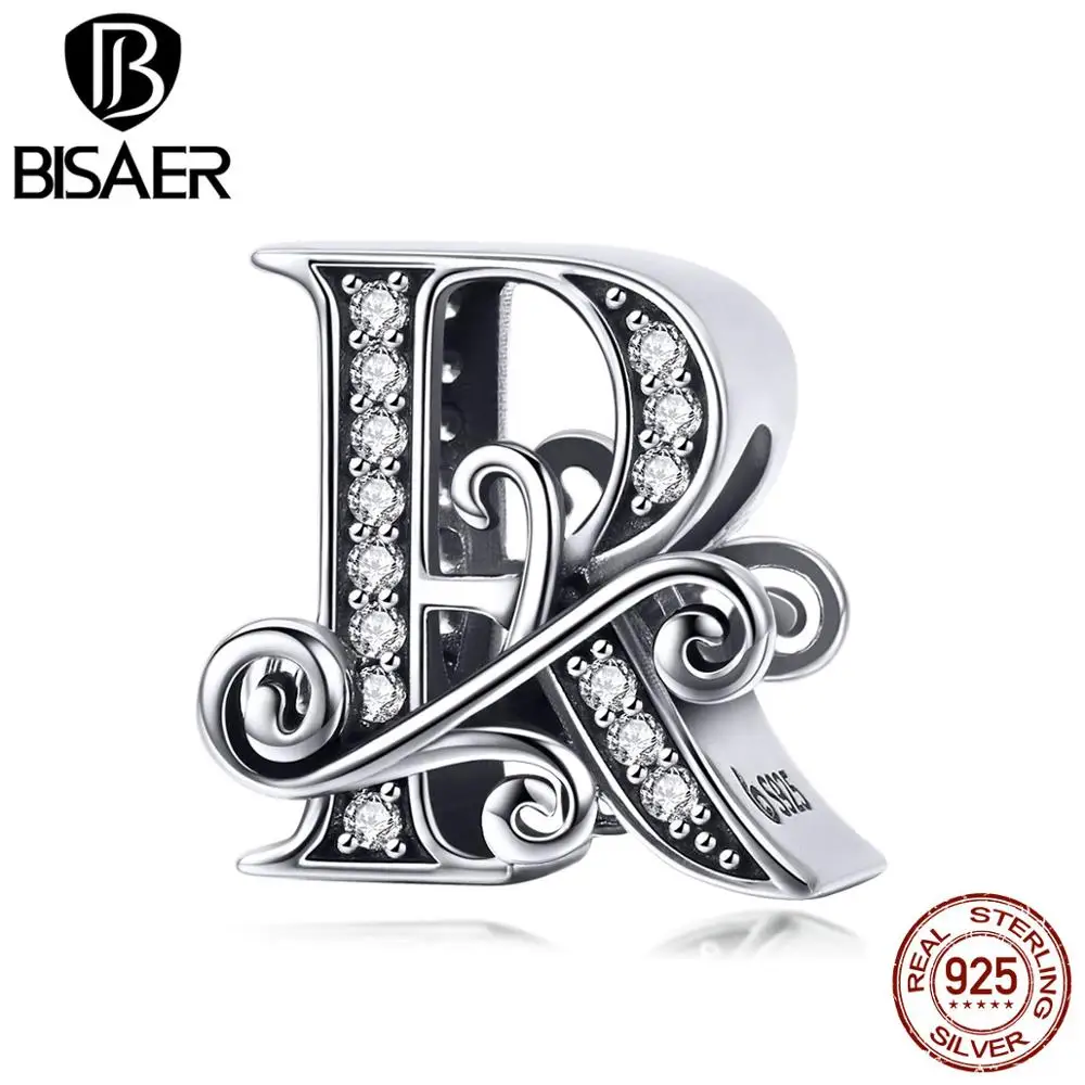 Бусины BISAER для браслета, подлинные 925 пробы, серебро, циркон, алфавит от A до Z, для женщин, изготовление ювелирных изделий, именные подарки GAC030 - Цвет: GAC030-R