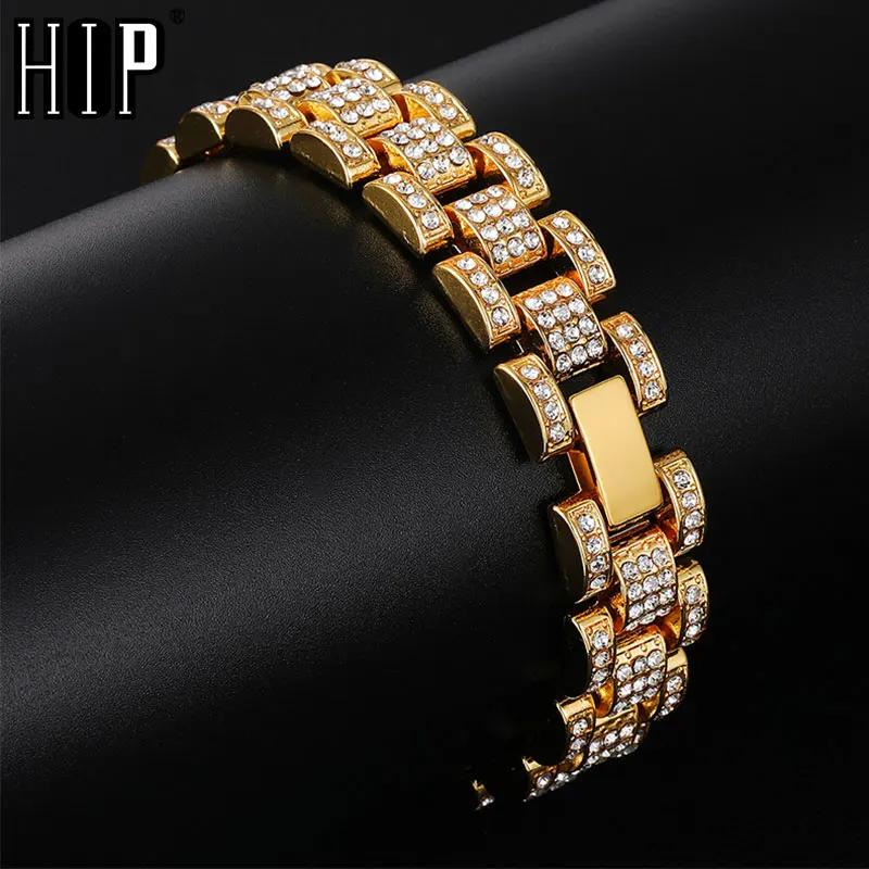 Хип хоп Iced Out Bling цвета: золотистый, серебристый полный часы со стразами группа звено цепи браслеты для мужчин рэппер ювелирные изделия