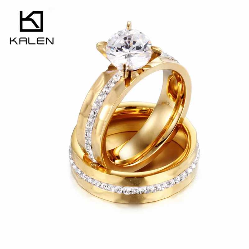 

Kalen Wedding Rings Jewelry Stainless Steel Bulgaria Gold Color Couples Promise Rings Women Crystal Love Bang Engagement Rings