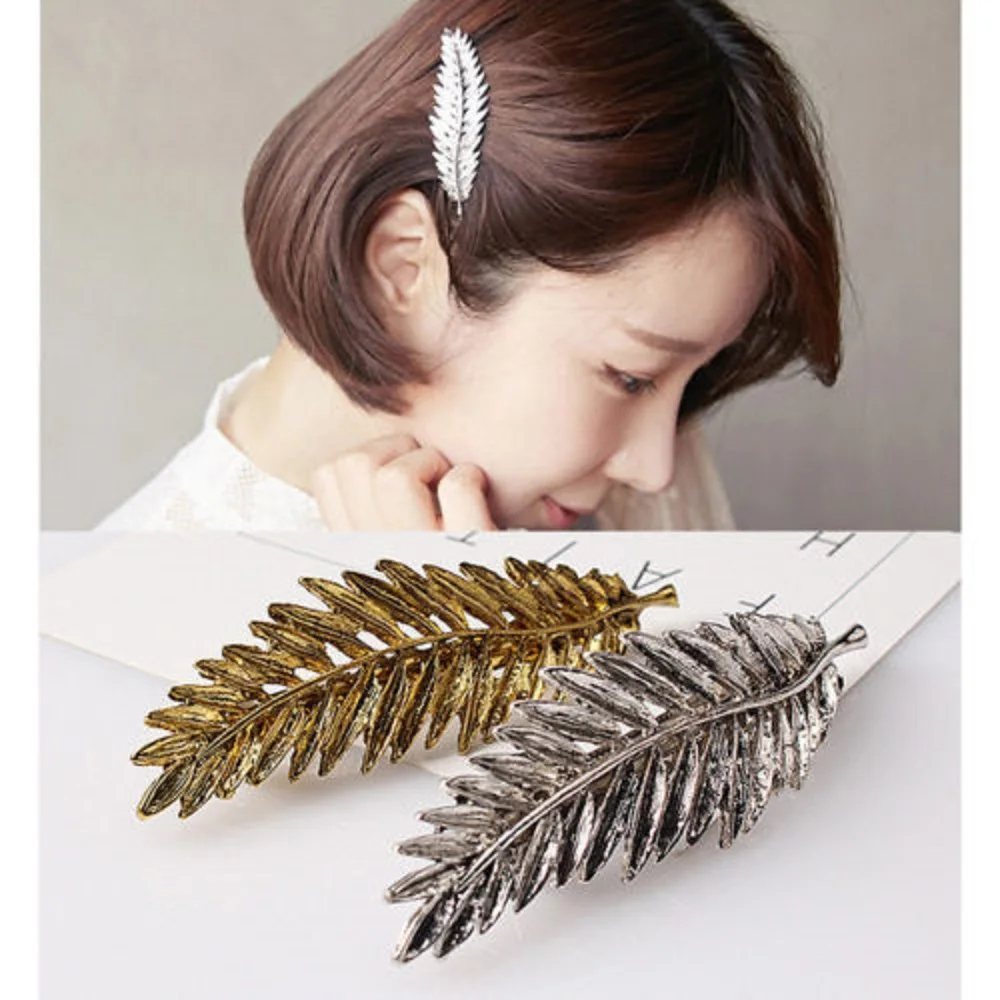 

1 Pc Elegant Women Gold Silver Women Feather Leaf Leaves Barrette Hairpin Hair Clip Barrette Headwear Triangle Hair Accessories