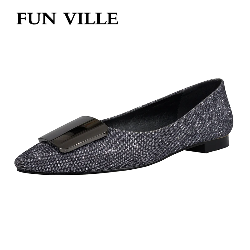 

FUN VILLE New Fashion Flat shoes for women Sequined Cloth Spring Summer Mary Janes shoes Sexy Ladies Casual Shoes Pointed Toe