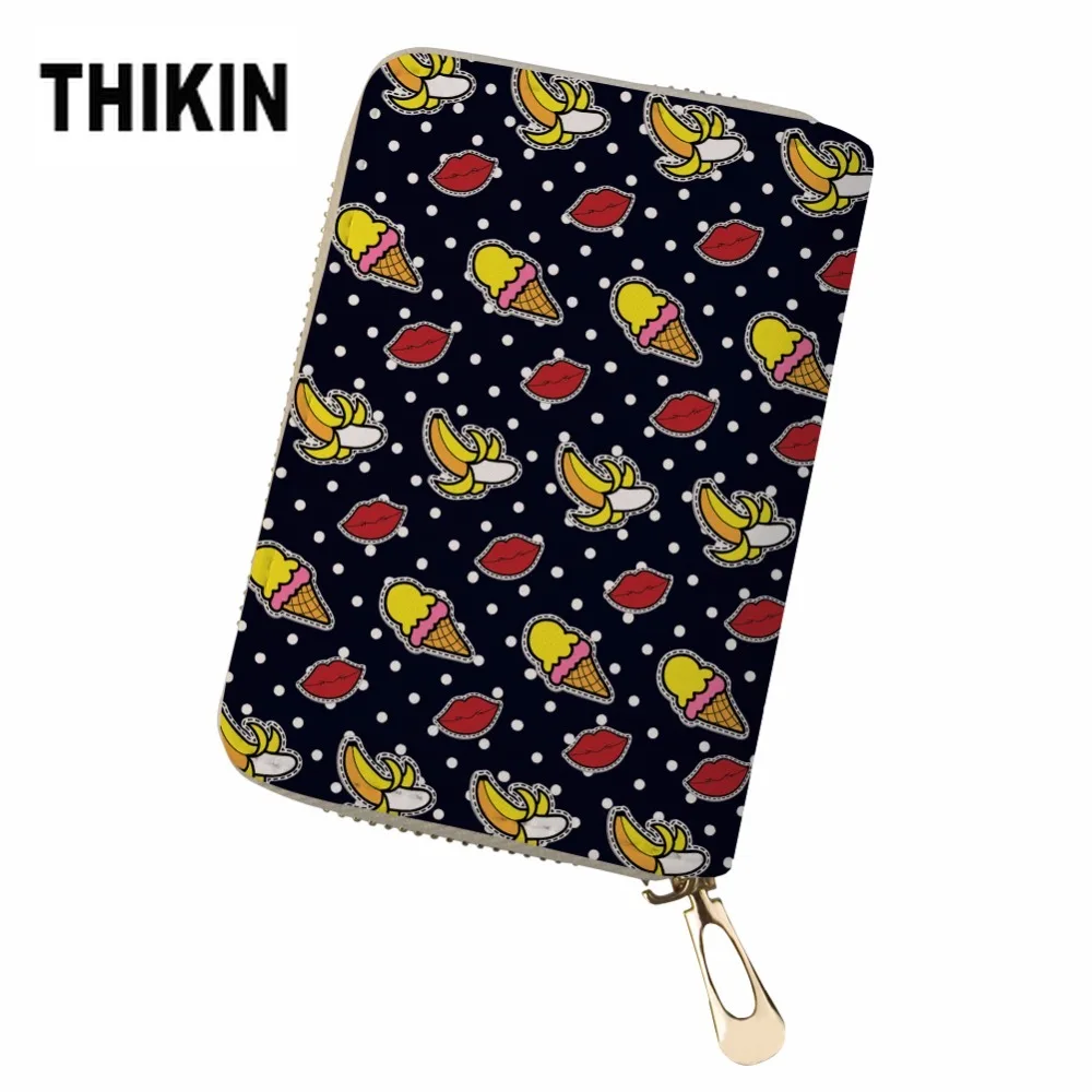 THIKIN Funny Banana Yellow Print PU Leather Kaarthouder Cards Holder Canta Bag Women Zipper Credit ID Card Organizer Customized | Багаж и