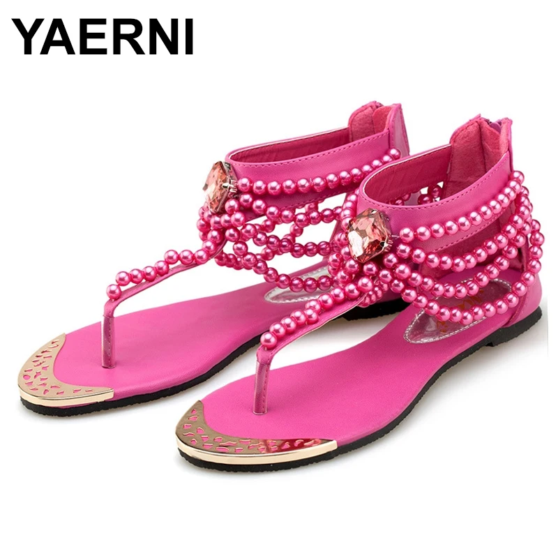 

Женские сандалии на плоской подошве YAERNIShoes, богемные сандалии ручной работы с бусинами, женские сандалии с жемчугом, стразы на плоской подош...