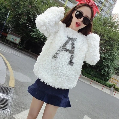 Осень / зима 2014 новый корейский волосатые мило шерсти ягнят шерсть водолазка