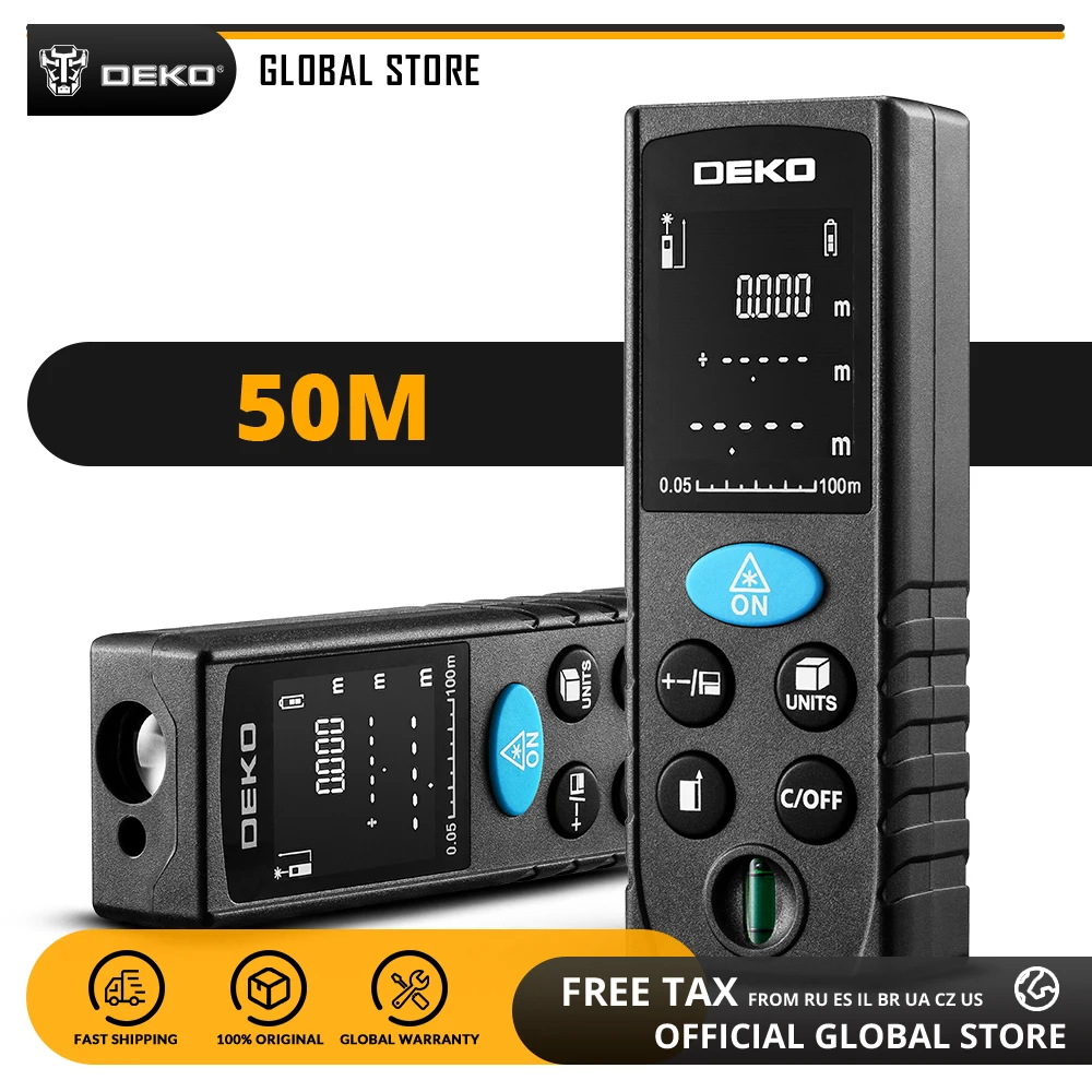 DEKO LRD110 50M LCD Display Laser Distance Meter Dual Measure Laser Rangefinder Distance/Area/Volume Diastimeter with Backlight