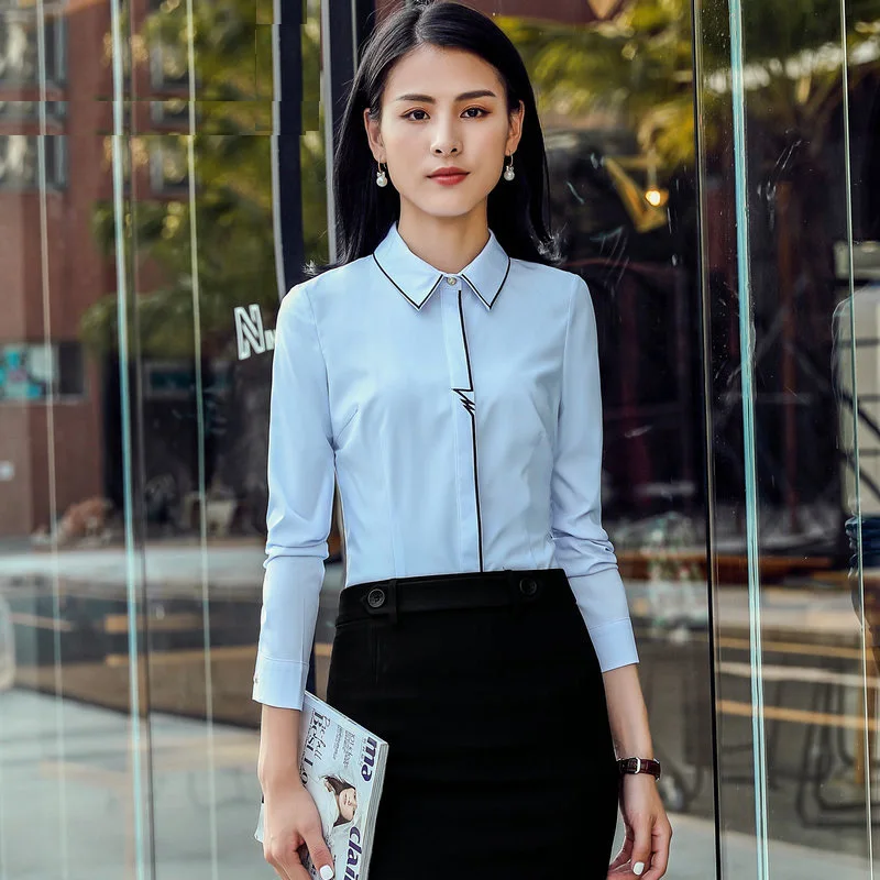 Office Ladies Work Shirt White Contrast Binding Piping Collar Long Sleeve Clothes Spring Top Women Blouses Blue Casual Blouse