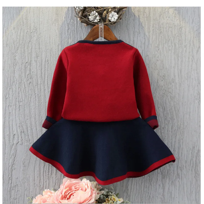 

High Quality Girls Sweater Top & Skirt Set Clothing Girls Bow Knitted Cotton Princess Skirt 2pcs Pettiskirt Skirt Suit CE076