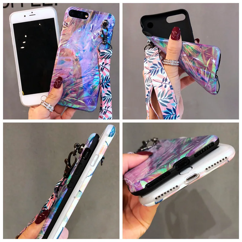 Blu-ray pink green leaf iPhone7 mobile phone shell x lanyard 6s all-inclusive anti-fall 8plus | Мобильные телефоны и