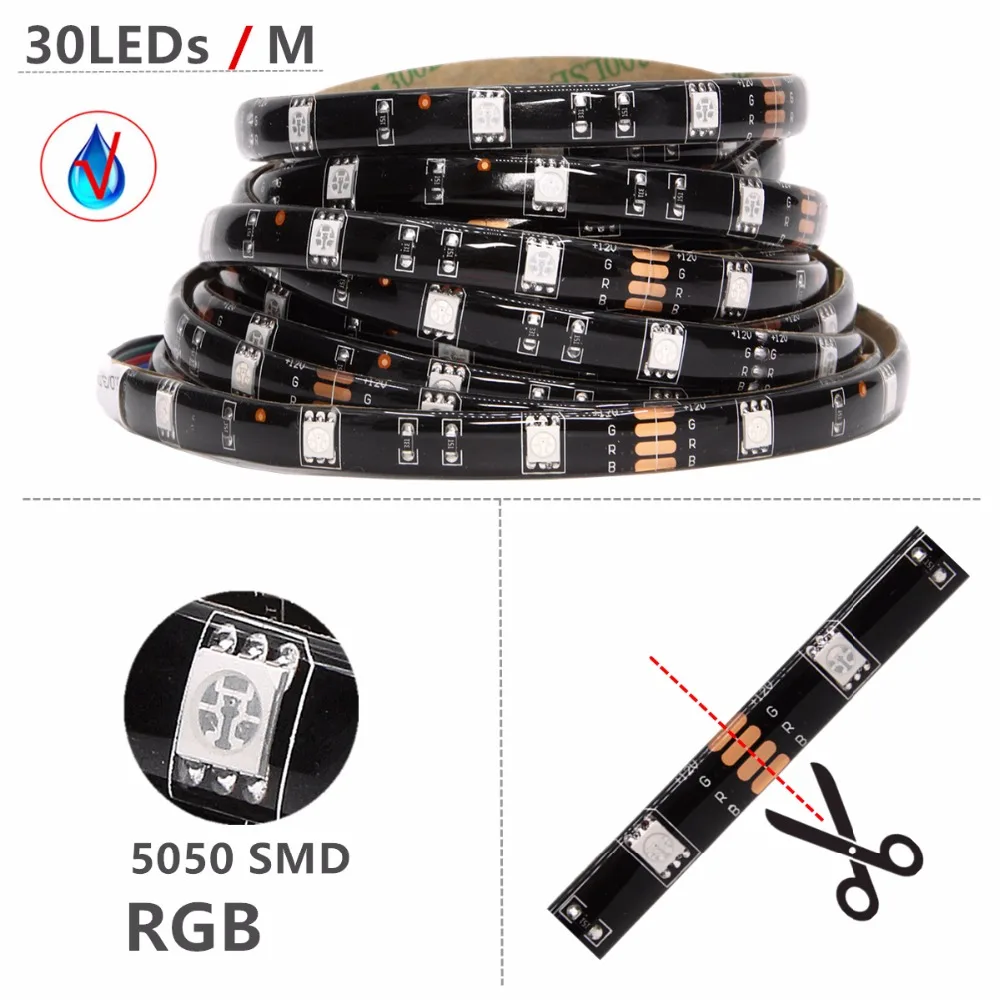 DC 12V 5050 RGB светодиодная лента Черная PCB Водонепроницаемая Гибкая неоновая с