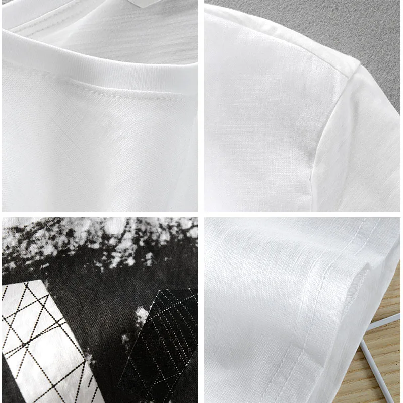 Футболка мужская льняная с вышивкой брендовая Свободная Повседневная модная