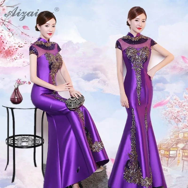 Современный зеленый вышивка Cheongsam хвост русалки Длинные Qipao Fsahion платья с блестками женское китайское вечернее платье Восточный стиль