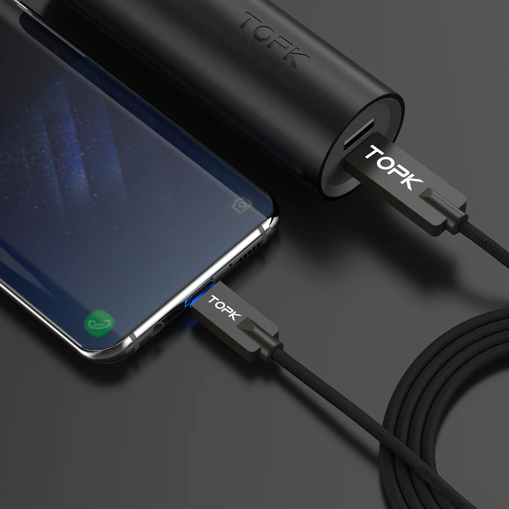 Topk светодиодный свет Тип c цинковый сплав Нейлон Плетеный USB 2.0A Тип-C кабель для