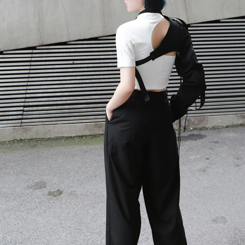 [EAM] New Spring Summer Lapel One-sided Long-sleeved Accessories Irregular Personality Shirt Women Blouse Fashion JX407