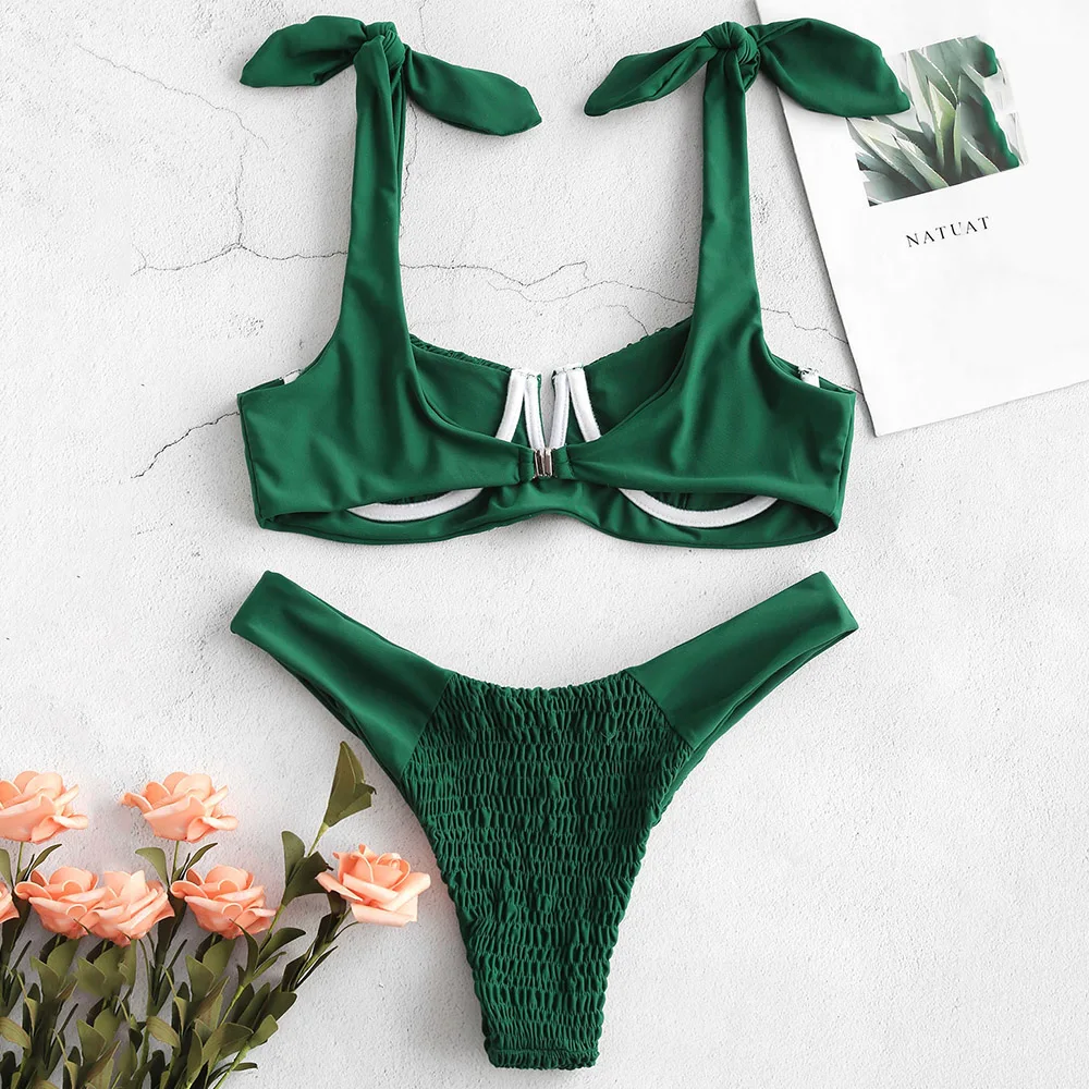 ZAFUL Shirred Underwire Bikini V Cut Bikini Set Scoop Neck Unlined Bikinis Mujer Sexy Thong Swimsuit Women Biquini