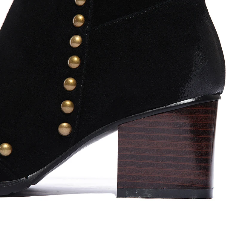 Nubuck Genuine Leather Buckle Rivets Women Boots Vintage Pointed Toe Ankle Chunky Heels Spring Winter Shoes Woman Big Size | Обувь