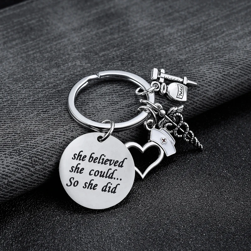 Inspirational Gift For Women Nurse Doctor Stainless Steel Charm Keychain Key Ring Caduceus Cap Jewelry Bag Wallet Chain | Украшения и