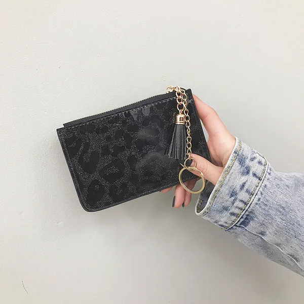 black Модные женские кошельки, женские короткие тонкие леопардовые кошельки на молнии, маленькие женские кошельки с кисточками, сумка для монет DXH, клатч, кожзам, кошелек для женщин - Цвет: black