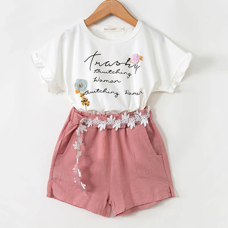 

Белая футболка с короткими рукавами и круглым вырезом + свободные шорты для девочек комплекты одежды из 2 предметов модные весенне-летние ко...