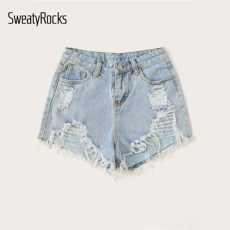 SweatyRocks, рваные потертые джинсовые шорты, уличная одежда, повседневные шорты на пуговицах, летние прямые женские однотонные шорты