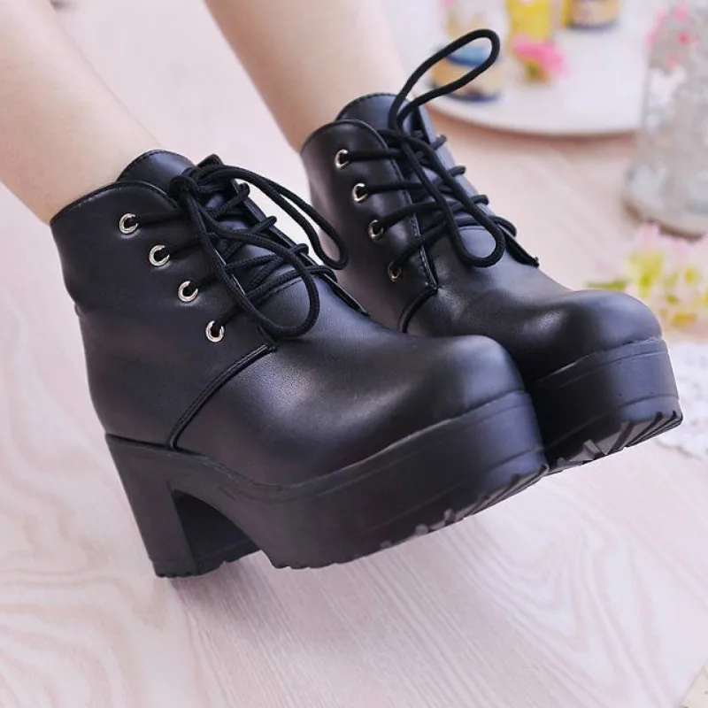 

Women Ankle Boots Shoes Lace-Up Round Toe High (5cm-8cm) Thick High Heels Booties Platform Casual Lady Solid Female Pumps Shoes