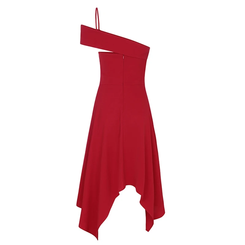 

Max Spri 2019 Fashion Women One Off Shoulder Sling Strap Asymmetric Hemline Solid Red Summer Party A-Line Midi Dress