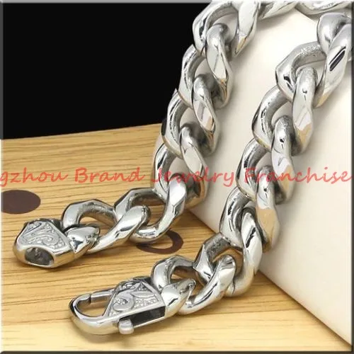 

High Quality Male 15mm Jewelry 316L Stainless Steel Silver Color Polished Curb Cuban Link Chain Men's Boy's Necklace 24" long