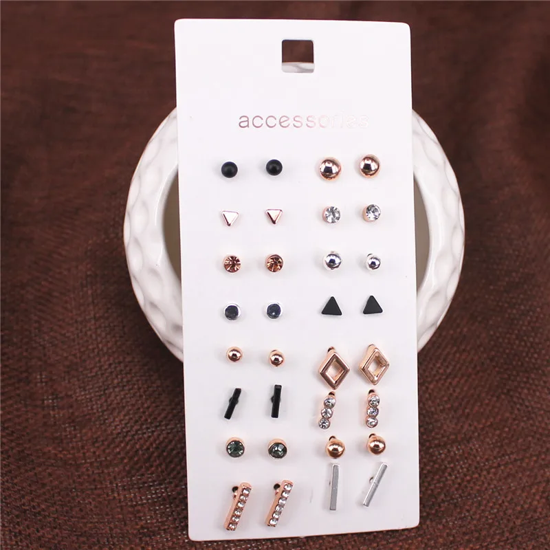 XQ Korean style stud earrings set 16 pairs / card black plated rose gold color triangle geometry combination woman accessories | Украшения