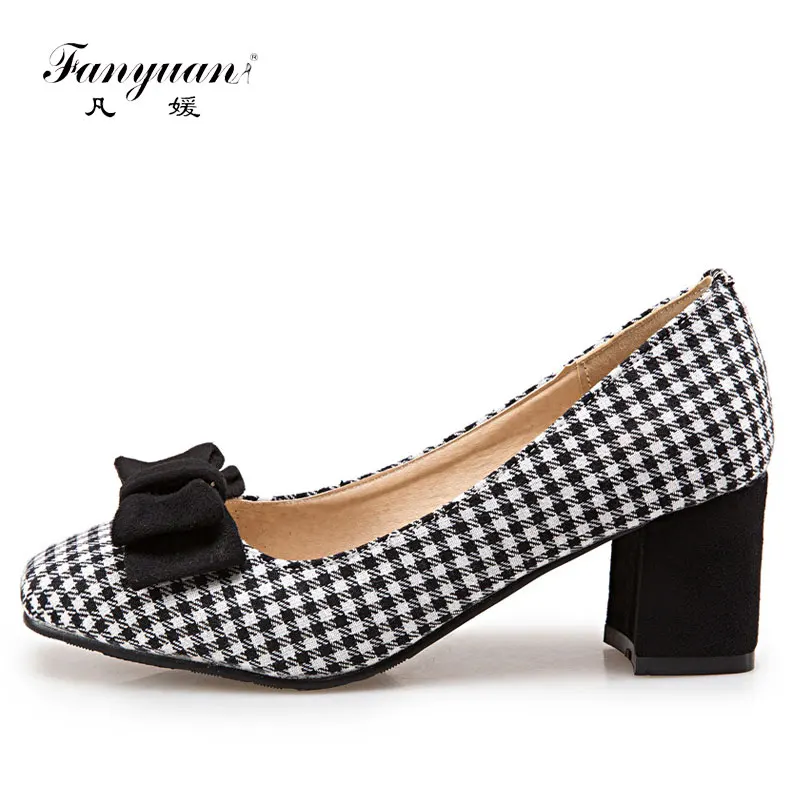 

Fanyuan Women Med Chunky Heels 2021 Spring Ladies Shoes Round Toe Mix color Casual Shoes Woman Sweet Butterfly-knot Women Pumps