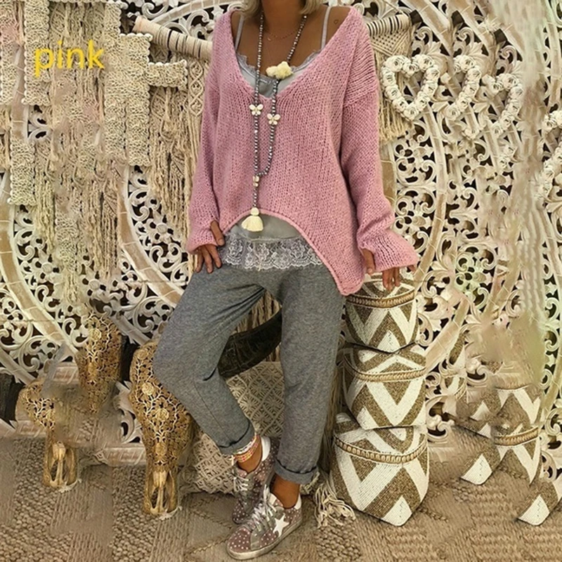Sweater Female Soft Korean Style Women Knitting Sweaters V-Neck Irregular Casual Loose Bodycon Basic Pullovers For Tops | Женская одежда