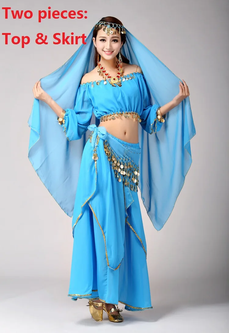 blue2pcs Болливуд танцевальный костюм s женский набор костюма для танца живота размера плюс хип шарф Блестки Пояс бюстгальтер Топ Профессиональный платья Танец живота - Цвет: blue2pcs
