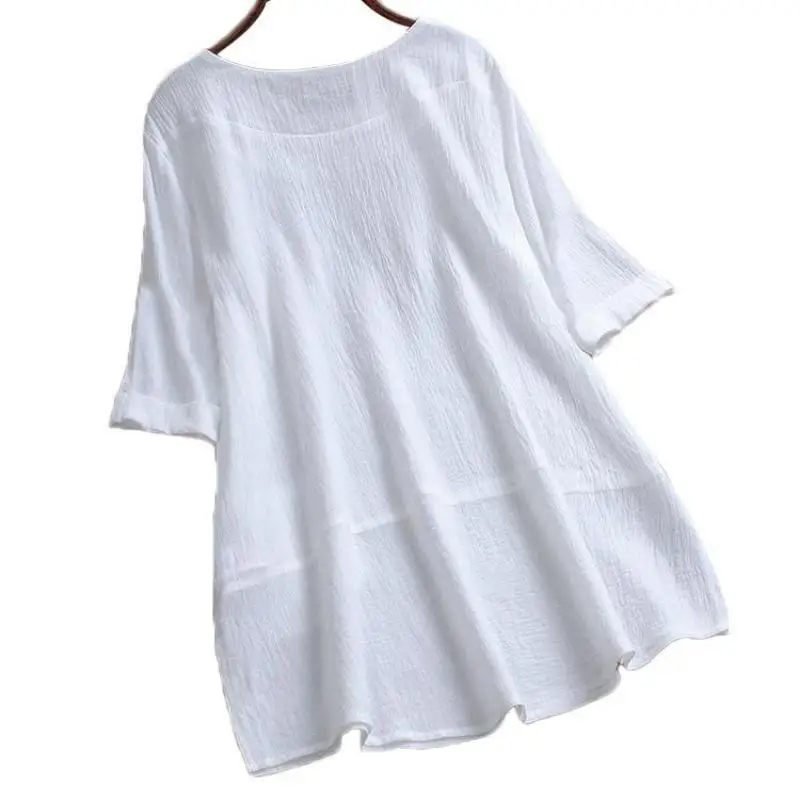

Women Blouses Shirts Women Summer Tops Pure Color Short Sleeve Blouse 2020 O-neck Loose Shirts Linen Shirt Women Plus Size