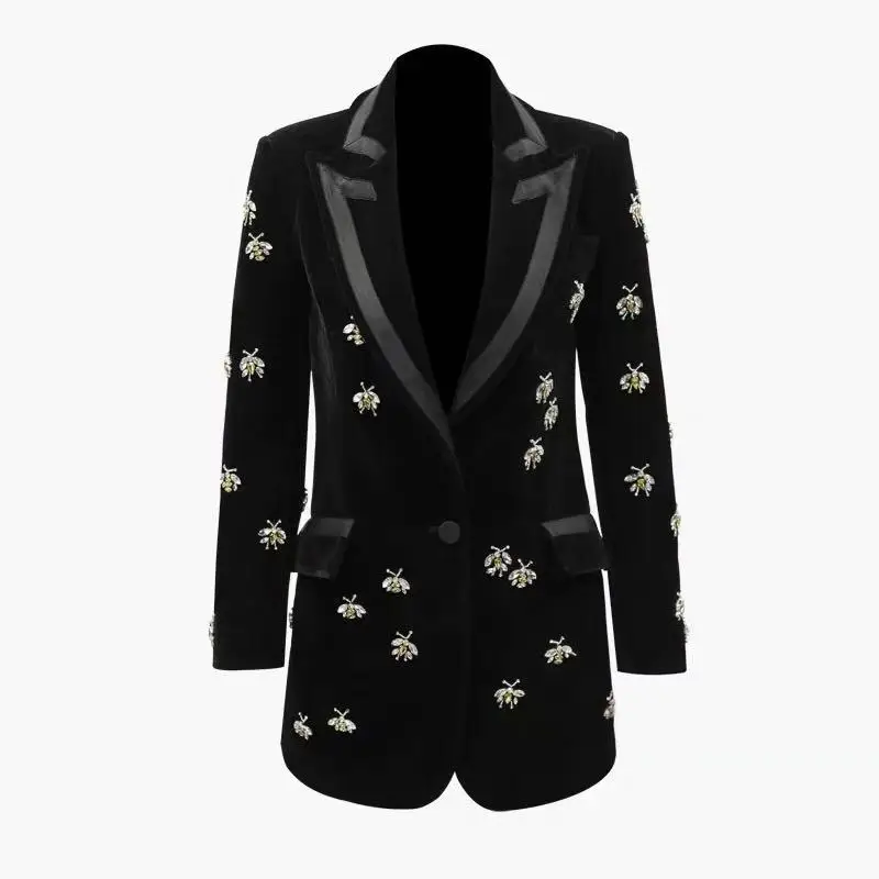 

Luxury Designer European Style Spring Fall Bees Beading Long Blazers Notched Black Velvet Slim Diamonds Plus Size Blazer