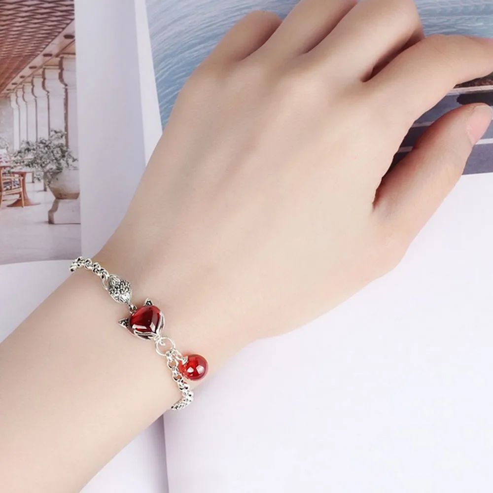 

Jade Angel 925 Silver Synthetic Garnet Fox Charm Silver Bead Link Bracelets Valentine's Day Gifts Birthday Gifts Christmas Gift
