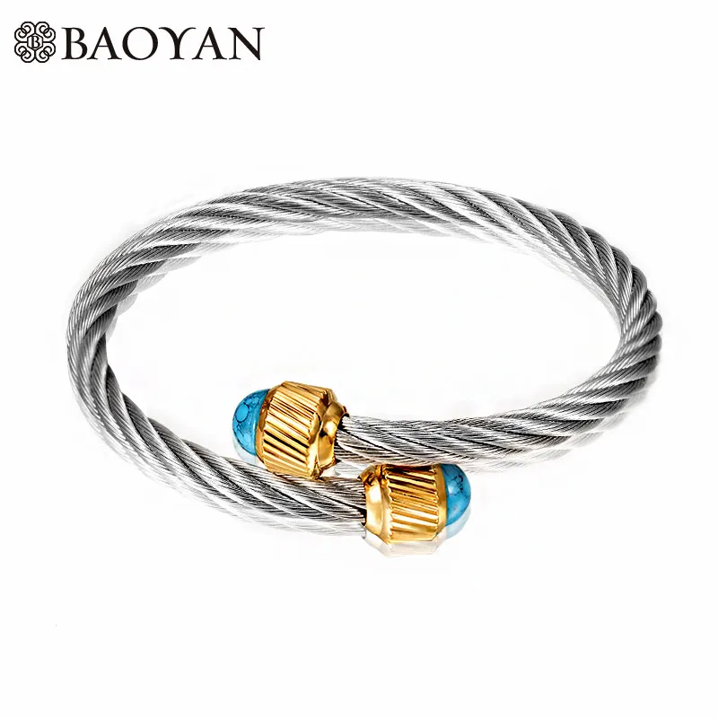 Baoyan/серебряные браслеты из нержавеющей стали с открытым кабелем, винтажные, натуральная бирюза, каменные браслеты, браслеты для женщин