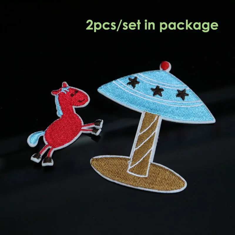 

2pcs/set carton horse umbrella patches for clothing Small embroidery ironing applique parches sticker for bags backpack jeans