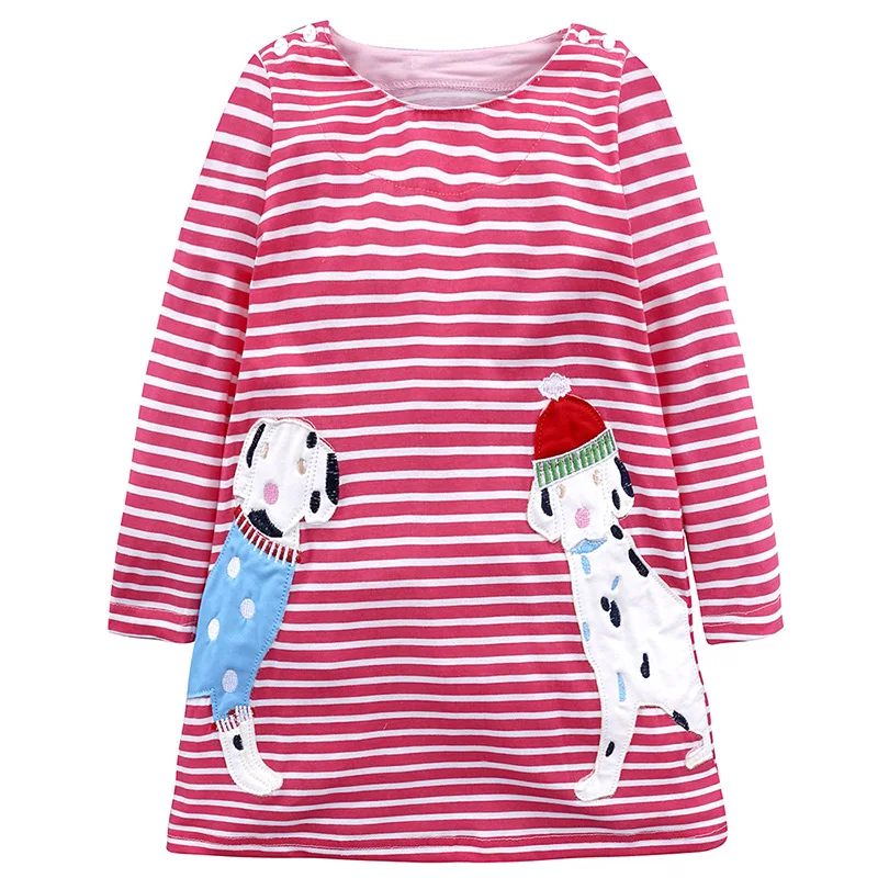 2-7 Years Little Girls Dresses Animals Appliques Pattern Long Sleeve Spring Autumn Clothes Kids Girl Stripe A Line Dress | Детская