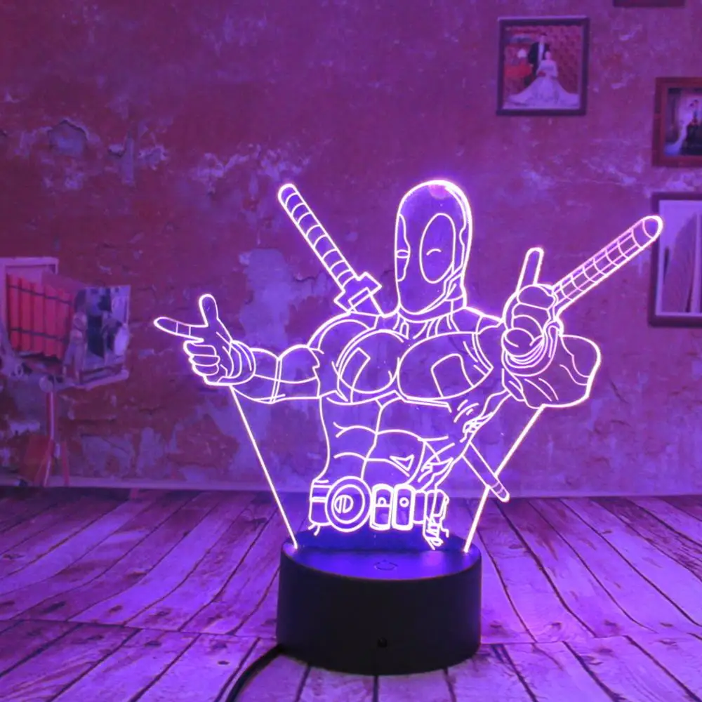 Классный 3D светодиодный светильник Marvel Deadpool ночник 7 автоматических цветов