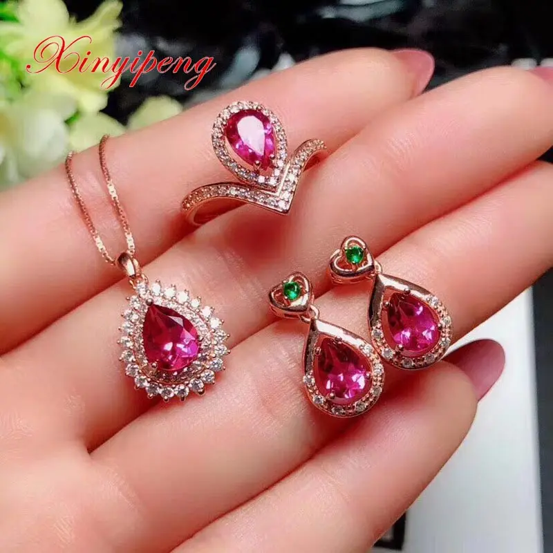 Xin yi peng 925 silver plated gold inlaid natural topaz female jewelry suit for women fine S925 | Украшения и аксессуары