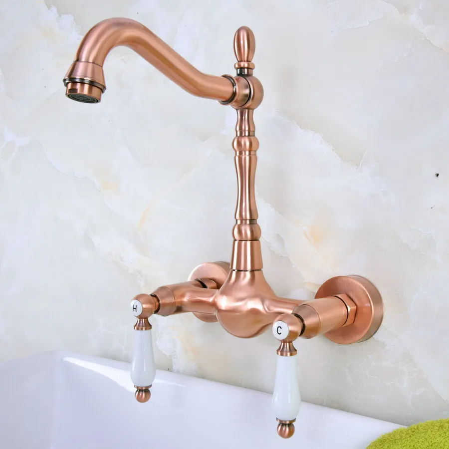 

Antique Red Copper Brass Bathroom Kitchen Sink Faucet Mixer Tap Swivel Spout Wall Mounted Dual Ceramic Levers Handles mnf947
