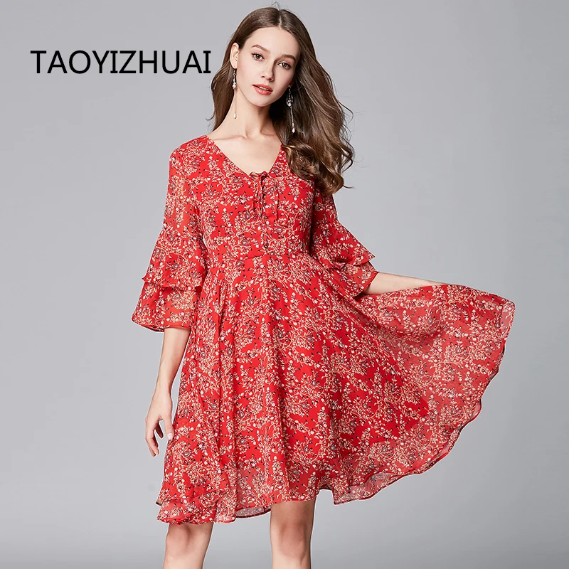 TAOYIZHUAI/летнее Новое поступление, красное платье с рукавом-бабочкой и v-образным вырезом, рукав три четверти, повседневное Стильное женское платье 11616