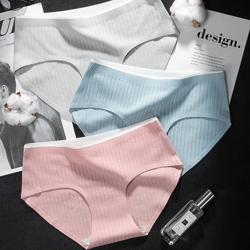 Fashion Panties Mid Rise Screw Thread Briefs Splice Solid Breathable Women Striped Sexy Lingerie Underwear | Женская одежда