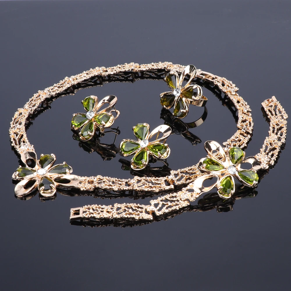 African Jewelry Set Gold Color Purple/Green Zircon Austrian Crystal Women Wedding Necklace Bracelet Earring Ring | Украшения и