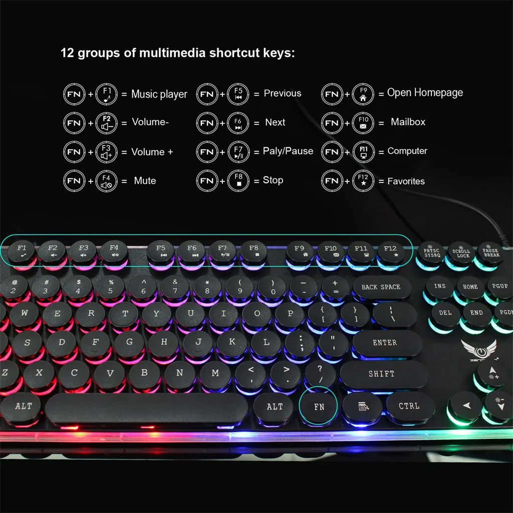 VOBERRY Подсветка игры USB клавиатура мультимедиа клавиши клавиатуры освещения Цвет светодиодный USB кабеля Механические ручная клавиатура