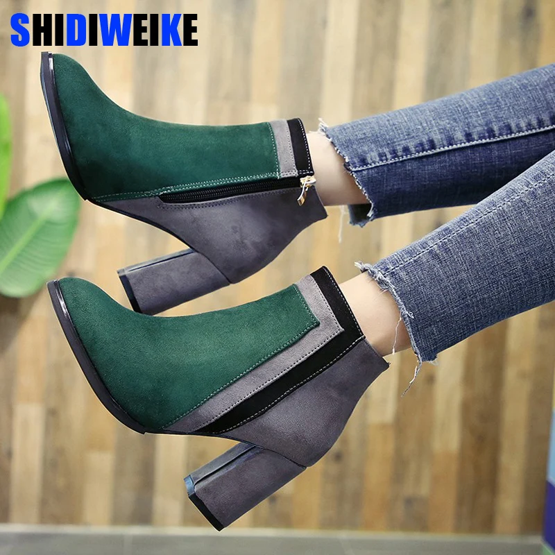 Botas mujer 2019 Новые разноцветные ботильоны женщин толстый Обувь на высоком каблуке