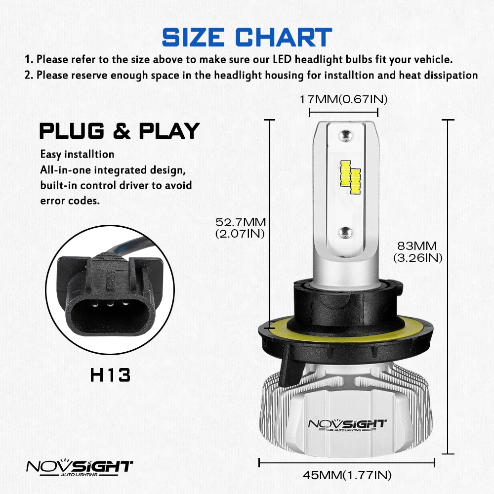 Автомобильные фары головного света NOVSIGHT, цоколь H4, дальний/ближний свет, светодиодные лампы H7, H1, H3, H8, H9, H11, H13 9005, 9006, 9007, м