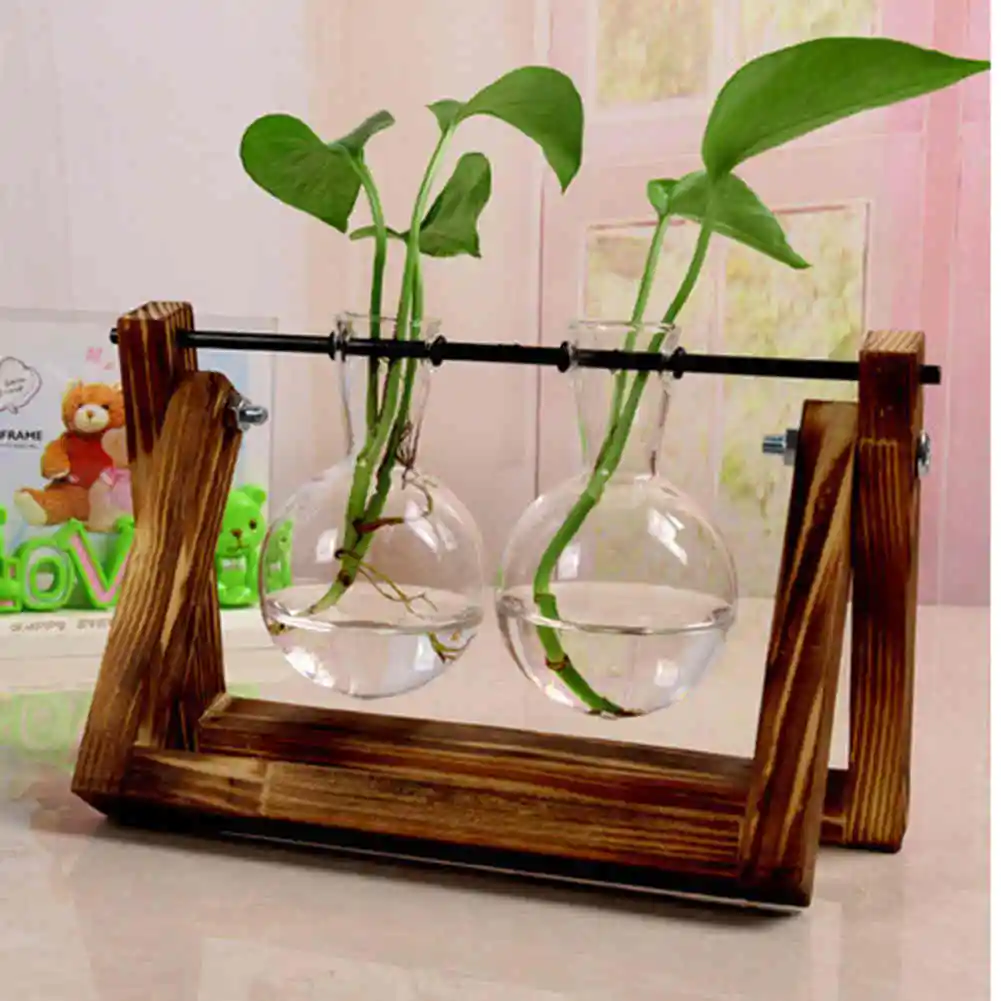 Стеклянный Цветочница прозрачная садовая стеклянная ваза с деревянной