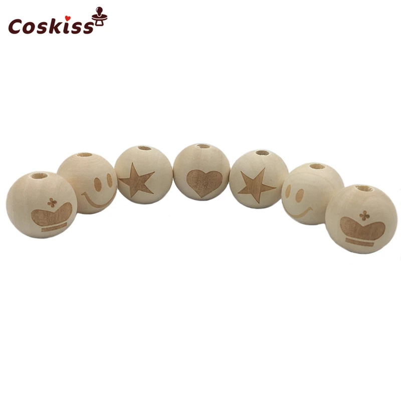 Collar redondo de cuentas de madera con cara sonriente, patr&oacute;n de corona de pentagrama de amor, mordedor de beb&eacute; sin terminar, cuentas de dentici&oacute;n de madera-1