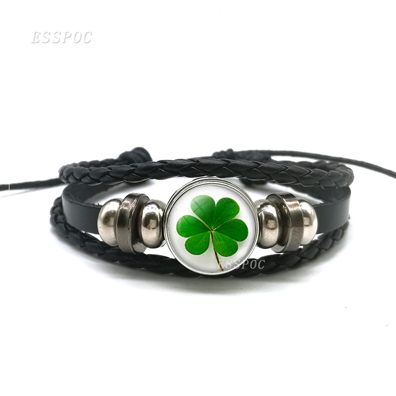 Lucky Fashion Clover Shamrock стеклянный кабошон кнопки многослойный кожаный браслет ручная